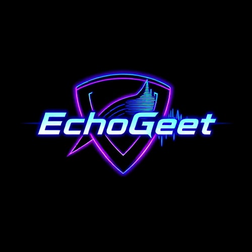 AI Design for Create a futuristic, cyberpunk-style logo for "EchoGeet." The logo should feature a stylized, sharp-edged guitar pick or headstock that is integrated with a digital sound wave, almost like a glitching signal. The design should have glowing, neon accents, with a primary color palette of deep purple, electric blue, and black. The font for "EchoGeet" should be a sleek, geometric, or futuristic-looking sans-serif font with a subtle technological feel.
