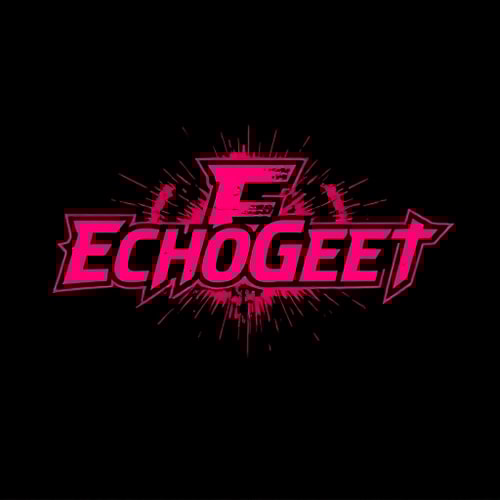 AI Design for Craft a bold and energetic logo for "EchoGeet," a brand specializing in rock and electronic music production. The logo should feel powerful and dynamic. Consider a visual that shows a sound wave or an "E" exploding or bursting with energy. The design should be strong and sharp. The color palette should be striking, such as a deep red and black or neon pink and electric blue. The font should be a strong, bold typeface, possibly with a slightly distorted or grunge effect.