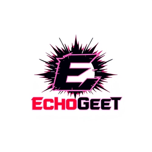 AI Design for Craft a bold and energetic logo for "EchoGeet," a brand specializing in rock and electronic music production. The logo should feel powerful and dynamic. Consider a visual that shows a sound wave or an "E" exploding or bursting with energy. The design should be strong and sharp. The color palette should be striking, such as a deep red and black or neon pink and electric blue. The font should be a strong, bold typeface, possibly with a slightly distorted or grunge effect.