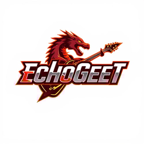 AI Design for Design a dynamic and energetic logo for "EchoGeet" with a mythical or elemental theme. The logo should feature a stylized guitar or sound wave that is also a roaring dragon or a bolt of lightning. The design should be powerful and bold, with sharp angles and a sense of movement. The color palette should be intense, using a combination of deep red, fiery orange, and metallic silver. The typography should be strong and impactful, with a slightly textured or aggressive feel.