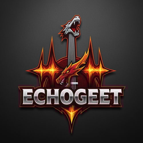 AI Design for Design a dynamic and energetic logo for "EchoGeet" with a mythical or elemental theme. The logo should feature a stylized guitar or sound wave that is also a roaring dragon or a bolt of lightning. The design should be powerful and bold, with sharp angles and a sense of movement. The color palette should be intense, using a combination of deep red, fiery orange, and metallic silver. The typography should be strong and impactful, with a slightly textured or aggressive feel.