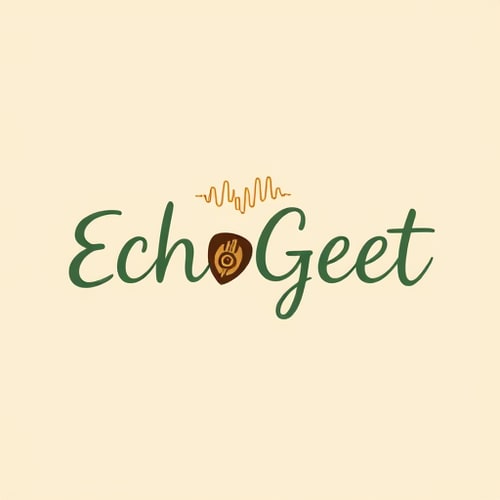 AI Design for Design a creative, artistic logo for "EchoGeet," a brand focused on acoustic and indie music. The logo should incorporate hand-drawn or organic elements. Imagine a sound wave flowing out from a subtle, integrated guitar pick or the shape of a fretboard. The lines should be fluid and dynamic. The color palette can be earthy and warm, using shades of brown, gold, or deep green. The typography should be a custom, slightly handwritten or unique serif font to give it a personal feel.