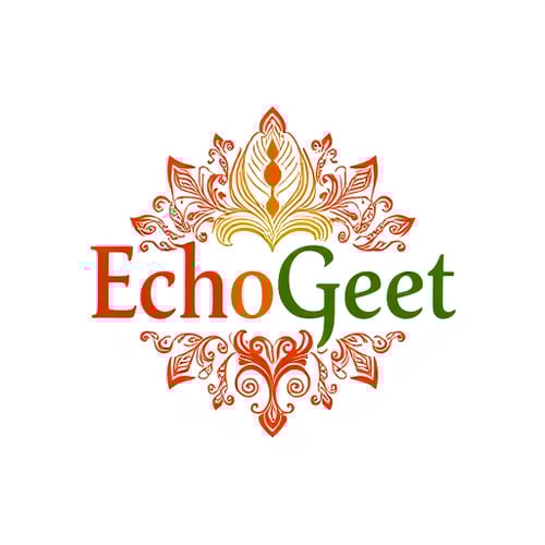 AI Design for Craft a traditional, folk-style logo for "EchoGeet" that celebrates the cultural roots of devotional music. The logo should have an intricate, hand-drawn feel, perhaps resembling traditional Indian folk art like Madhubani or Kalamkari. It should depict a stylized Peacock feather (associated with Krishna) or a Damaru (drum of Lord Shiva) that seamlessly blends with musical notes or a sound wave. The colors should be earthy and rich, such as deep reds, mustard yellow, and forest green. The typography should be a custom, decorative font that reflects the artistry and tradition of the design.
