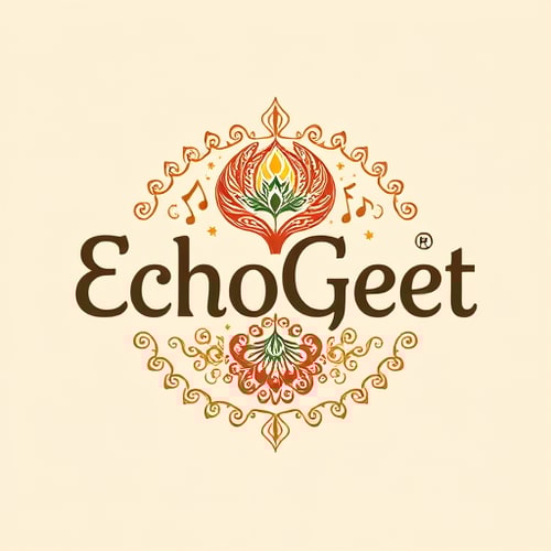 AI Design for Craft a traditional, folk-style logo for "EchoGeet" that celebrates the cultural roots of devotional music. The logo should have an intricate, hand-drawn feel, perhaps resembling traditional Indian folk art like Madhubani or Kalamkari. It should depict a stylized Peacock feather (associated with Krishna) or a Damaru (drum of Lord Shiva) that seamlessly blends with musical notes or a sound wave. The colors should be earthy and rich, such as deep reds, mustard yellow, and forest green. The typography should be a custom, decorative font that reflects the artistry and tradition of the design.