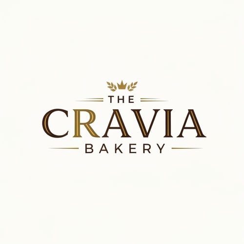 AI Design for Logo design for "The Cravia Bakery", in a luxurious and premium style. Use elegant serif typography with golden and chocolate tones. Add a minimal wheat or crown element above the text, symbolizing richness and craftsmanship. Clean vector, suitable for website branding, modern and timeless.
