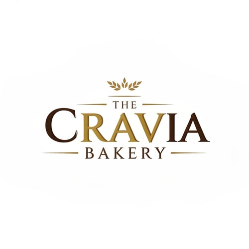 AI Design for Logo design for "The Cravia Bakery", in a luxurious and premium style. Use elegant serif typography with golden and chocolate tones. Add a minimal wheat or crown element above the text, symbolizing richness and craftsmanship. Clean vector, suitable for website branding, modern and timeless.