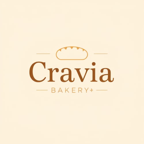 AI Design for A sleek and minimal logo for "The Cravia Bakery". Use soft pastel colors (cream, light beige, soft brown). Modern sans-serif font with a subtle bread or cupcake outline integrated into the text. Flat vector design, very clean and web-friendly.