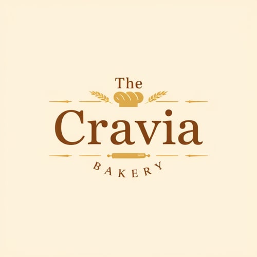 AI Design for A modern and elegant logo design for "The Cravia Bakery", featuring a warm and inviting style. Use a combination of soft pastel colors (cream, beige, brown, golden) with a touch of modern typography. Add minimal bakery elements like wheat, rolling pin, whisk, cupcake, or bread icon subtly blended into the design. The logo should feel premium yet friendly, perfect for a web portal. Clean, vector style, high resolution, professional branding.