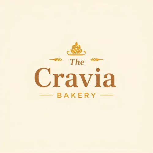 AI Design for A modern and elegant logo design for "The Cravia Bakery", featuring a warm and inviting style. Use a combination of soft pastel colors (cream, beige, brown, golden) with a touch of modern typography. Add minimal bakery elements like wheat, rolling pin, whisk, cupcake, or bread icon subtly blended into the design. The logo should feel premium yet friendly, perfect for a web portal. Clean, vector style, high resolution, professional branding.