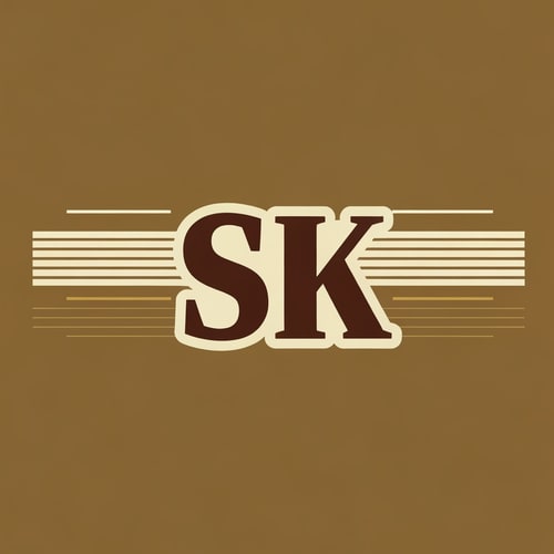 AI Design for Create a vintage-film inspired logo with SK in bold, classic typography. Use muted color palette—deep brown, gold, and cream. Add thin horizontal lines like retro movie studio logos.