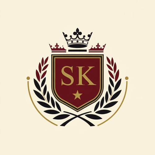 AI Design for Design a classic crest-style logo combining SK with symbolic elements like laurel, film reel, or a star. Use royal colors (gold, black, deep red). Professional, timeless, cinematic identity