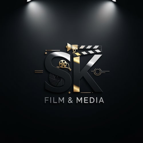 AI Design for Create a premium, cinematic logo for SK Film & Media. The design should feel modern, bold, and film-studio inspired. Use a sleek monogram of the letters S and K, blended creatively with elements of filmmaking such as a film reel, camera lens, spotlight, or clapboard. Style should be minimal yet powerful, with sharp edges and clean symmetry. Add subtle metallic effects (gold/black or silver/black) for a high-end production-house feel. The background is dark and dramatic, with the logo glowing slightly with soft rim light. Ultra-HD, professional studio branding.