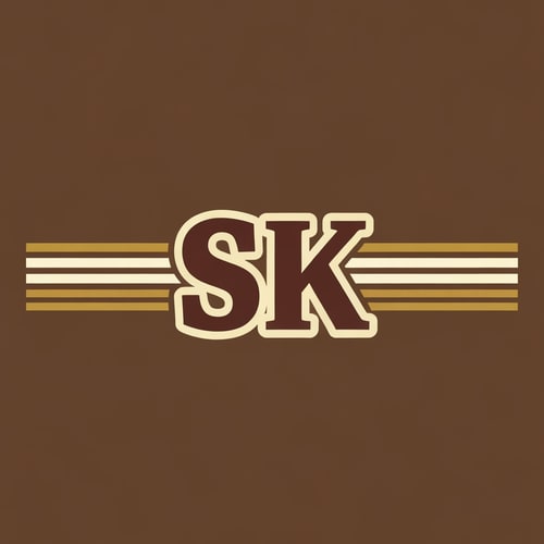 AI Design for Create a vintage-film inspired logo with SK in bold, classic typography. Use muted color palette—deep brown, gold, and cream. Add thin horizontal lines like retro movie studio logos.