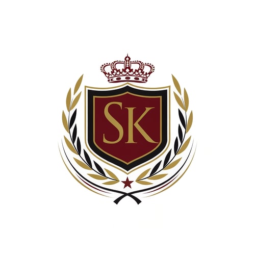 AI Design for Design a classic crest-style logo combining SK with symbolic elements like laurel, film reel, or a star. Use royal colors (gold, black, deep red). Professional, timeless, cinematic identity