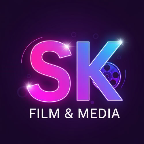 AI Design for Create a vibrant logo for SK Film & Media using neon gradients (pink, blue, and purple). The letters S and K are glowing like movie studio lights with soft highlights. Add subtle film elements like a glowing reel or lens ring. Modern, colorful, cinematic energy.