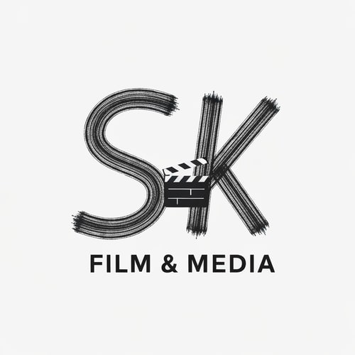 AI Design for Draw a 2D creative logo for SK Film & Media using brush-stroke-style typography for S and K, with a small flat movie reel or clapboard icon blended in. Artistic, expressive, and unique