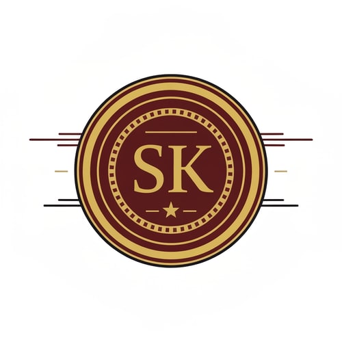 AI Design for Create a classic emblem-style logo featuring SK inside a circular badge. Use colors like maroon, gold, and black. Include thin lines, film reel outlines or a small star for a vintage film studio look.