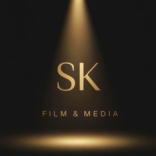 AI Design for Create a classic-style logo for SK Film & Media where a soft golden spotlight illuminates the letters SK. Dark background, warm gold highlights, subtle depth, vintage theater feel