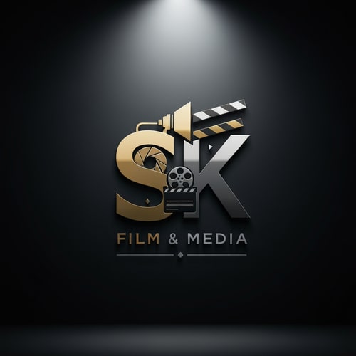 AI Design for Create a premium, cinematic logo for SK Film & Media. The design should feel modern, bold, and film-studio inspired. Use a sleek monogram of the letters S and K, blended creatively with elements of filmmaking such as a film reel, camera lens, spotlight, or clapboard. Style should be minimal yet powerful, with sharp edges and clean symmetry. Add subtle metallic effects (gold/black or silver/black) for a high-end production-house feel. The background is dark and dramatic, with the logo glowing slightly with soft rim light. Ultra-HD, professional studio branding.