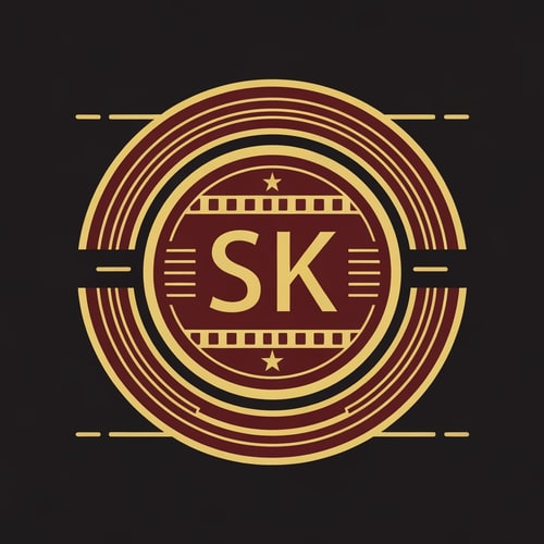 AI Design for Create a classic emblem-style logo featuring SK inside a circular badge. Use colors like maroon, gold, and black. Include thin lines, film reel outlines or a small star for a vintage film studio look.