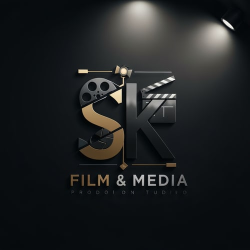 AI Design for Create a premium, cinematic logo for SK Film & Media. The design should feel modern, bold, and film-studio inspired. Use a sleek monogram of the letters S and K, blended creatively with elements of filmmaking such as a film reel, camera lens, spotlight, or clapboard. Style should be minimal yet powerful, with sharp edges and clean symmetry. Add subtle metallic effects (gold/black or silver/black) for a high-end production-house feel. The background is dark and dramatic, with the logo glowing slightly with soft rim light. Ultra-HD, professional studio branding.