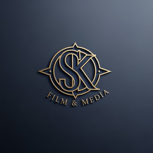 AI Design for Design a classic monogram logo for SK Film & Media with intertwined S and K in a refined style. Use deep navy blue with gold accents. Slight texture, minimal lighting, old-Hollywood elegance.