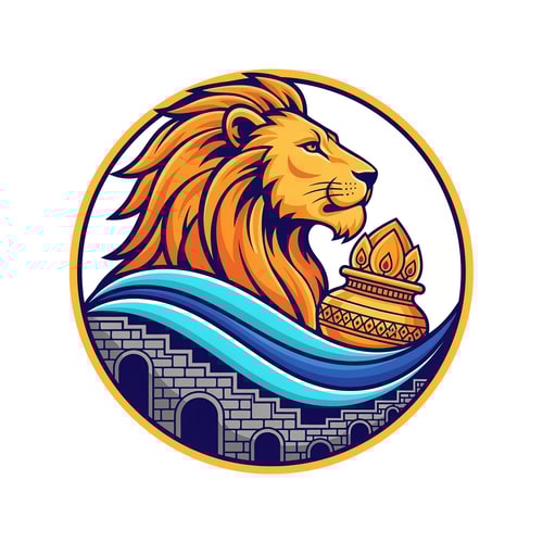AI Design for A professional vector logo emblem for the Nashik-Trimbakeshwar Kumbh Mela. The central element is a stylized, powerful saffron and gold lion head in profile. Its flowing mane cradles an ornate golden Amrit Kalash pot. Below the lion and kalash, flowing blue and cyan waves represent the Godavari river. Crucially, the river waves are integrated with stylized stone stepped ghats and distinct semi-circular arches reminiscent of Nashik's Ramkund architecture. The entire emblem has a circular golden border. The style is clean, modern, flat vector art with bold lines and minimal gradients, suitable for official use. Colors: Saffron, Royal Blue, Gold, and a hint of stone grey for the ghats. Isolated on a plain white background