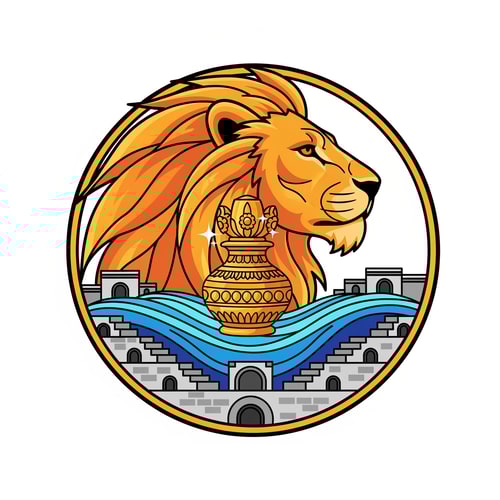 AI Design for A professional vector logo emblem for the Nashik-Trimbakeshwar Kumbh Mela. The central element is a stylized, powerful saffron and gold lion head in profile. Its flowing mane cradles an ornate golden Amrit Kalash pot. Below the lion and kalash, flowing blue and cyan waves represent the Godavari river. Crucially, the river waves are integrated with stylized stone stepped ghats and distinct semi-circular arches reminiscent of Nashik's Ramkund architecture. The entire emblem has a circular golden border. The style is clean, modern, flat vector art with bold lines and minimal gradients, suitable for official use. Colors: Saffron, Royal Blue, Gold, and a hint of stone grey for the ghats. Isolated on a plain white background