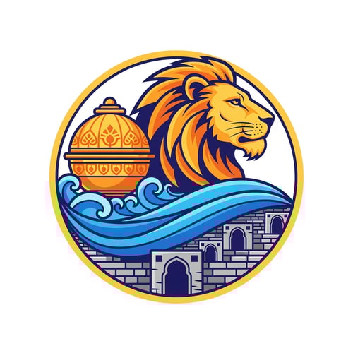 AI Design for A professional vector logo emblem for the Nashik-Trimbakeshwar Kumbh Mela. The central element is a stylized, powerful saffron and gold lion head in profile. Its flowing mane cradles an ornate golden Amrit Kalash pot. Below the lion and kalash, flowing blue and cyan waves represent the Godavari river. Crucially, the river waves are integrated with stylized stone stepped ghats and distinct semi-circular arches reminiscent of Nashik's Ramkund architecture. The entire emblem has a circular golden border. The style is clean, modern, flat vector art with bold lines and minimal gradients, suitable for official use. Colors: Saffron, Royal Blue, Gold, and a hint of stone grey for the ghats. Isolated on a plain white background