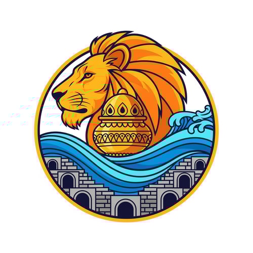 AI Design for A professional vector logo emblem for the Nashik-Trimbakeshwar Kumbh Mela. The central element is a stylized, powerful saffron and gold lion head in profile. Its flowing mane cradles an ornate golden Amrit Kalash pot. Below the lion and kalash, flowing blue and cyan waves represent the Godavari river. Crucially, the river waves are integrated with stylized stone stepped ghats and distinct semi-circular arches reminiscent of Nashik's Ramkund architecture. The entire emblem has a circular golden border. The style is clean, modern, flat vector art with bold lines and minimal gradients, suitable for official use. Colors: Saffron, Royal Blue, Gold, and a hint of stone grey for the ghats. Isolated on a plain white background