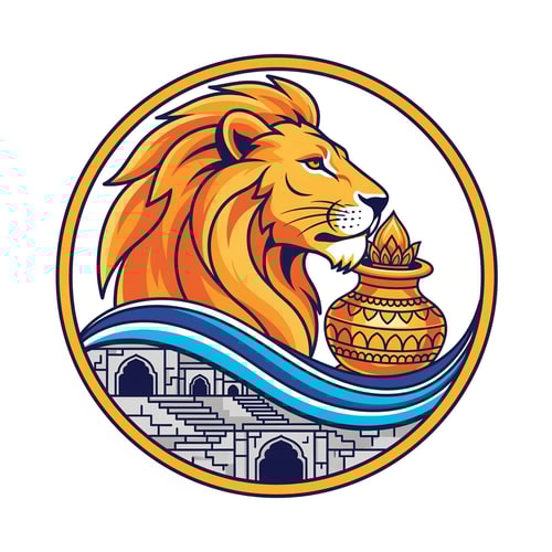 AI Design for A professional vector logo emblem for the Nashik-Trimbakeshwar Kumbh Mela. The central element is a stylized, powerful saffron and gold lion head in profile. Its flowing mane cradles an ornate golden Amrit Kalash pot. Below the lion and kalash, flowing blue and cyan waves represent the Godavari river. Crucially, the river waves are integrated with stylized stone stepped ghats and distinct semi-circular arches reminiscent of Nashik's Ramkund architecture. The entire emblem has a circular golden border. The style is clean, modern, flat vector art with bold lines and minimal gradients, suitable for official use. Colors: Saffron, Royal Blue, Gold, and a hint of stone grey for the ghats. Isolated on a plain white background