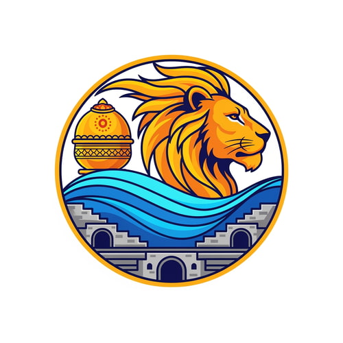 AI Design for A professional vector logo emblem for the Nashik-Trimbakeshwar Kumbh Mela. The central element is a stylized, powerful saffron and gold lion head in profile. Its flowing mane cradles an ornate golden Amrit Kalash pot. Below the lion and kalash, flowing blue and cyan waves represent the Godavari river. Crucially, the river waves are integrated with stylized stone stepped ghats and distinct semi-circular arches reminiscent of Nashik's Ramkund architecture. The entire emblem has a circular golden border. The style is clean, modern, flat vector art with bold lines and minimal gradients, suitable for official use. Colors: Saffron, Royal Blue, Gold, and a hint of stone grey for the ghats. Isolated on a plain white background