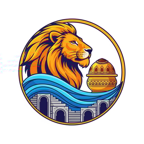 AI Design for A professional vector logo emblem for the Nashik-Trimbakeshwar Kumbh Mela. The central element is a stylized, powerful saffron and gold lion head in profile. Its flowing mane cradles an ornate golden Amrit Kalash pot. Below the lion and kalash, flowing blue and cyan waves represent the Godavari river. Crucially, the river waves are integrated with stylized stone stepped ghats and distinct semi-circular arches reminiscent of Nashik's Ramkund architecture. The entire emblem has a circular golden border. The style is clean, modern, flat vector art with bold lines and minimal gradients, suitable for official use. Colors: Saffron, Royal Blue, Gold, and a hint of stone grey for the ghats. Isolated on a plain white background