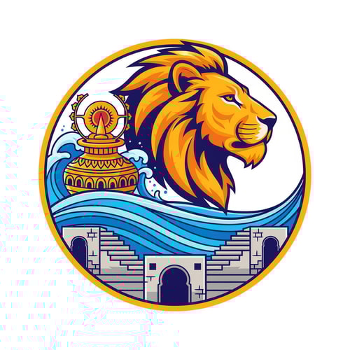 AI Design for A professional vector logo emblem for the Nashik-Trimbakeshwar Kumbh Mela. The central element is a stylized, powerful saffron and gold lion head in profile. Its flowing mane cradles an ornate golden Amrit Kalash pot. Below the lion and kalash, flowing blue and cyan waves represent the Godavari river. Crucially, the river waves are integrated with stylized stone stepped ghats and distinct semi-circular arches reminiscent of Nashik's Ramkund architecture. The entire emblem has a circular golden border. The style is clean, modern, flat vector art with bold lines and minimal gradients, suitable for official use. Colors: Saffron, Royal Blue, Gold, and a hint of stone grey for the ghats. Isolated on a plain white background