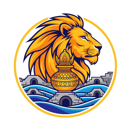 AI Design for A professional vector logo emblem for the Nashik-Trimbakeshwar Kumbh Mela. The central element is a stylized, powerful saffron and gold lion head in profile. Its flowing mane cradles an ornate golden Amrit Kalash pot. Below the lion and kalash, flowing blue and cyan waves represent the Godavari river. Crucially, the river waves are integrated with stylized stone stepped ghats and distinct semi-circular arches reminiscent of Nashik's Ramkund architecture. The entire emblem has a circular golden border. The style is clean, modern, flat vector art with bold lines and minimal gradients, suitable for official use. Colors: Saffron, Royal Blue, Gold, and a hint of stone grey for the ghats. Isolated on a plain white background
