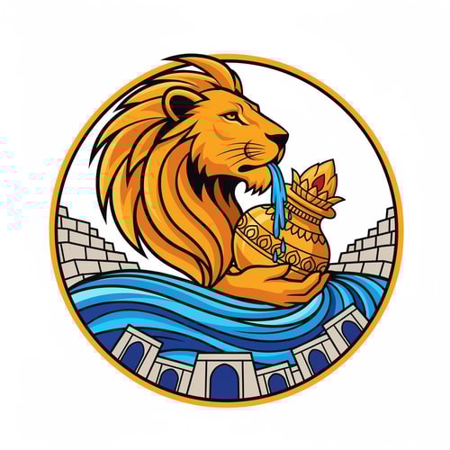 AI Design for A professional vector logo emblem for the Nashik-Trimbakeshwar Kumbh Mela. The central element is a stylized, powerful saffron and gold lion head in profile. Its flowing mane cradles an ornate golden Amrit Kalash pot. Below the lion and kalash, flowing blue and cyan waves represent the Godavari river. Crucially, the river waves are integrated with stylized stone stepped ghats and distinct semi-circular arches reminiscent of Nashik's Ramkund architecture. The entire emblem has a circular golden border. The style is clean, modern, flat vector art with bold lines and minimal gradients, suitable for official use. Colors: Saffron, Royal Blue, Gold, and a hint of stone grey for the ghats. Isolated on a plain white background