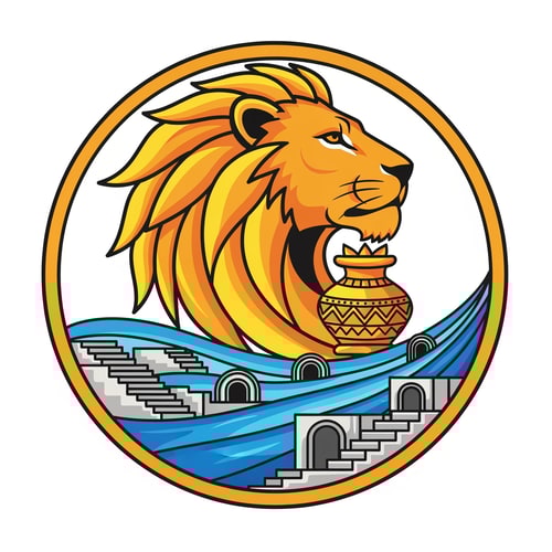 AI Design for A professional vector logo emblem for the Nashik-Trimbakeshwar Kumbh Mela. The central element is a stylized, powerful saffron and gold lion head in profile. Its flowing mane cradles an ornate golden Amrit Kalash pot. Below the lion and kalash, flowing blue and cyan waves represent the Godavari river. Crucially, the river waves are integrated with stylized stone stepped ghats and distinct semi-circular arches reminiscent of Nashik's Ramkund architecture. The entire emblem has a circular golden border. The style is clean, modern, flat vector art with bold lines and minimal gradients, suitable for official use. Colors: Saffron, Royal Blue, Gold, and a hint of stone grey for the ghats. Isolated on a plain white background