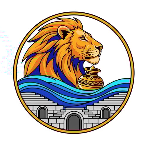 AI Design for A professional vector logo emblem for the Nashik-Trimbakeshwar Kumbh Mela. The central element is a stylized, powerful saffron and gold lion head in profile. Its flowing mane cradles an ornate golden Amrit Kalash pot. Below the lion and kalash, flowing blue and cyan waves represent the Godavari river. Crucially, the river waves are integrated with stylized stone stepped ghats and distinct semi-circular arches reminiscent of Nashik's Ramkund architecture. The entire emblem has a circular golden border. The style is clean, modern, flat vector art with bold lines and minimal gradients, suitable for official use. Colors: Saffron, Royal Blue, Gold, and a hint of stone grey for the ghats. Isolated on a plain white background