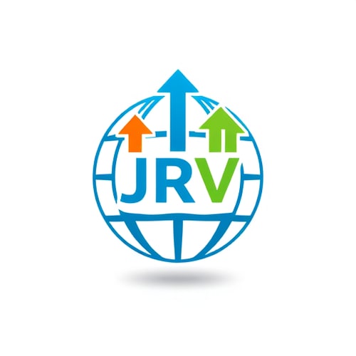 AI Design for “A modern and professional logo featuring a globe with upward arrows representing growth and progress. Include the letters JRV inside the globe. Use bold, vibrant colors like blue, green, and orange. The design should symbolize international trade, expansion, and trust.”