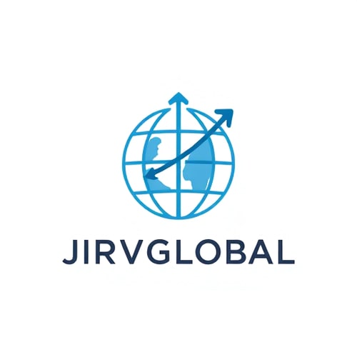 AI Design for Create a clean, abstract logo with a minimalist globe intersected by rising arrows. Integrate JRVGLOBAL text below in a bold, modern font. The overall look should represent global connectivity, trade, and infrastructure growth.