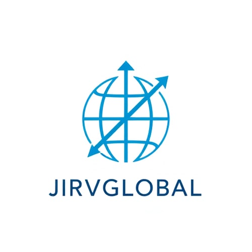 AI Design for Create a clean, abstract logo with a minimalist globe intersected by rising arrows. Integrate JRVGLOBAL text below in a bold, modern font. The overall look should represent global connectivity, trade, and infrastructure growth.