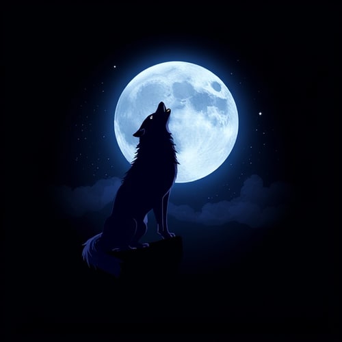 AI Design for A lone wolf howling at a full moon — a silhouette against a starry night sky, deep blues and purples with silver accents, mysterious and ethereal, illustrative, with subtle fog wisps, on a dark, gradient background.