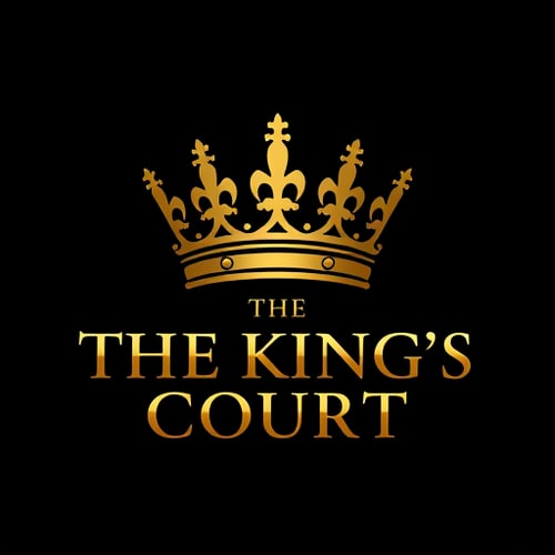 AI Design for luxurious logo design featuring a golden crown with elegant details, placed above the text 'THE KING’S COURT' in bold, serif, uppercase font with a metallic gold gradient.