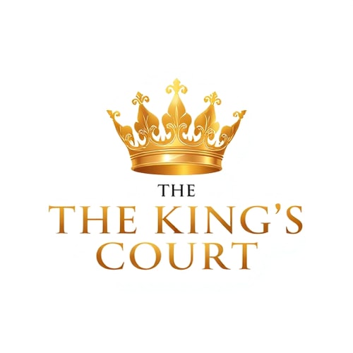 AI Design for luxurious logo design featuring a golden crown with elegant details, placed above the text 'THE KING’S COURT' in bold, serif, uppercase font with a metallic gold gradient.