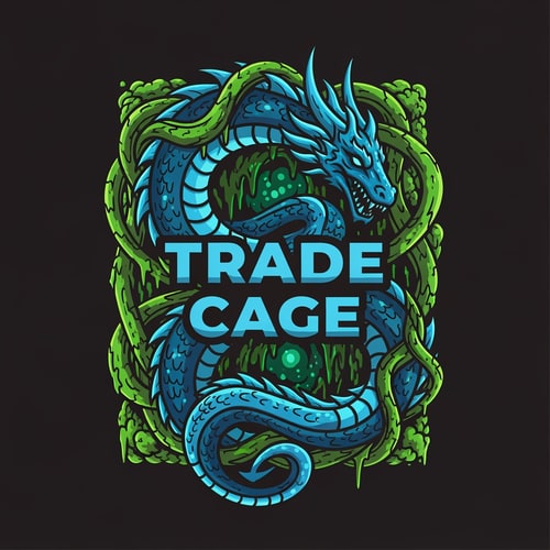 AI Design for A highly stylized, serpentine aquatic dragon coiling tightly around the solid, central logo text "TRADE CAGE", interwoven with dense, wet, lush greenery associated with underwater caves. — Tight, centered square logo mark designed as a scalable vector emblem, with the dragon functioning as a powerful frame for the text. — Dominant use of deep cyan and vibrant light blue, accented by emerald aquatic greens and mossy highlights. — Eerie, subterranean, bioluminescent glow, creating a spooky and mysterious atmosphere, suggesting deep water. — Clean graphic design, executed as modern vector art with thick, decisive lines and solid color blocks, suitable for a professional brand mark. — Output must be a perfect 1:1 aspect ratio logo; keep text/logos/labels EXACTLY unchanged: "TRADE CAGE"; no rewriting, redrawing, correcting, or adding any text. — Solid, dark, monochromatic background to maximize focus on the emblem.