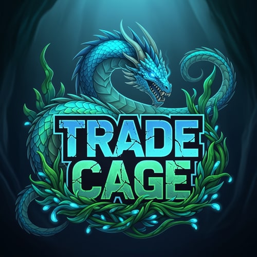 AI Design for a cool 512x512 logo with text TRADE CAGE a cool solid text with spooky theme and a dragon surronding the text colour theme : cyan , light blue , and acuatic theme lush grenny plants