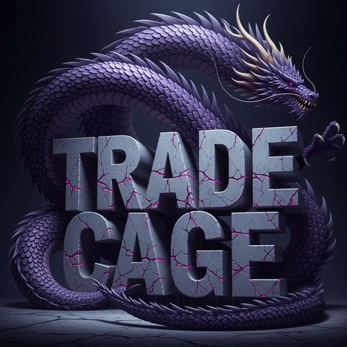 AI Design for A colossal, monstrous Leviathan or Eastern dragon coiled around monumental, cracked concrete typography spelling "TRADE CAGE" — Dynamic close-up of the beast’s body weaving dramatically, partially obscuring and emerging from behind the solid text structure; Viewpoint is centered and imposing, maximizing the clash of organic and rigid forms — Dominant deep violet and indigo purples, contrasted with cool, dusty gray concrete textures and sparse magenta highlights — High-contrast, dramatic subsurface lighting, creating an oppressive and ancient subterranean mood — Highly detailed digital illustration, featuring solid textures and heavy graphic lines, suitable for stylized heavy graphic art — Square aspect ratio (512x512 pixels); keep text/logos/labels EXACTLY unchanged; no rewriting, redrawing, correcting, or adding any text — Featureless deep void or solid dark atmosphere emphasizing the central monument.