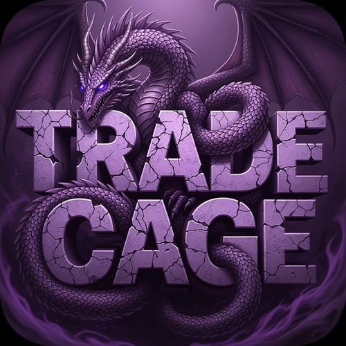 AI Design for a highly solid text maybe with cracks the text saying : TRADE CAGE, and a big levithan or dragon going around from front and back of the text with its body going around iit the text solid like conqurete and use purplish colours the image should be 512sx512