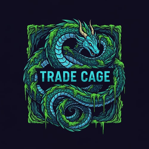 AI Design for A highly stylized, serpentine aquatic dragon coiling tightly around the solid, central logo text "TRADE CAGE", interwoven with dense, wet, lush greenery associated with underwater caves. — Tight, centered square logo mark designed as a scalable vector emblem, with the dragon functioning as a powerful frame for the text. — Dominant use of deep cyan and vibrant light blue, accented by emerald aquatic greens and mossy highlights. — Eerie, subterranean, bioluminescent glow, creating a spooky and mysterious atmosphere, suggesting deep water. — Clean graphic design, executed as modern vector art with thick, decisive lines and solid color blocks, suitable for a professional brand mark. — Output must be a perfect 1:1 aspect ratio logo; keep text/logos/labels EXACTLY unchanged: "TRADE CAGE"; no rewriting, redrawing, correcting, or adding any text. — Solid, dark, monochromatic background to maximize focus on the emblem.