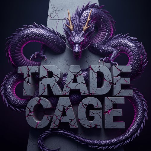 AI Design for A colossal, monstrous Leviathan or Eastern dragon coiled around monumental, cracked concrete typography spelling "TRADE CAGE" — Dynamic close-up of the beast’s body weaving dramatically, partially obscuring and emerging from behind the solid text structure; Viewpoint is centered and imposing, maximizing the clash of organic and rigid forms — Dominant deep violet and indigo purples, contrasted with cool, dusty gray concrete textures and sparse magenta highlights — High-contrast, dramatic subsurface lighting, creating an oppressive and ancient subterranean mood — Highly detailed digital illustration, featuring solid textures and heavy graphic lines, suitable for stylized heavy graphic art — Square aspect ratio (512x512 pixels); keep text/logos/labels EXACTLY unchanged; no rewriting, redrawing, correcting, or adding any text — Featureless deep void or solid dark atmosphere emphasizing the central monument.